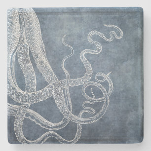 Dessous-de-verre En Pierre Octopus Twilight Blue Denim Watercolor Art