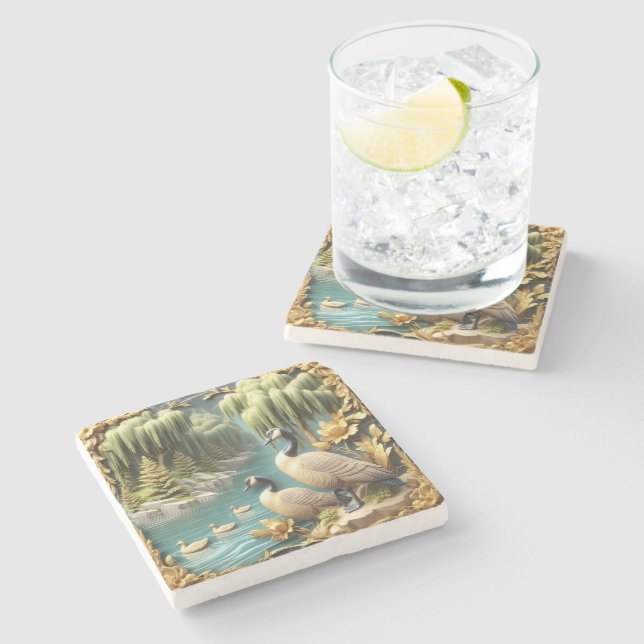 Dessous-de-verre En Pierre Oies du Canada au milieu des saules qui pleuvent (Côté)