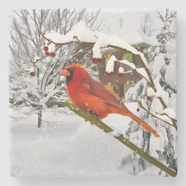 Dessous-de-verre En Pierre Oiseau cardinal dans la neige (Devant)