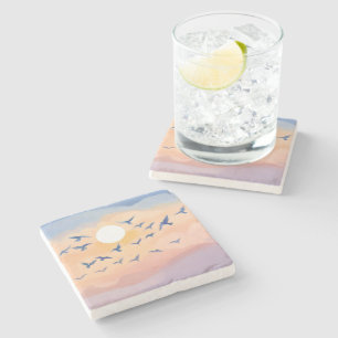Dessous-de-verre En Pierre Oiseaux en vol Aquarelle de nature au coucher du