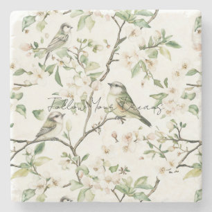 Dessous-de-verre En Pierre Oiseaux verts fleurs blanches arbre