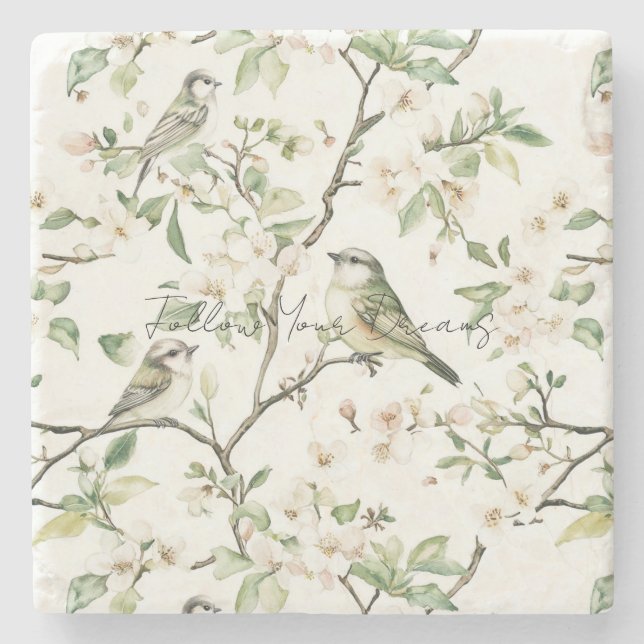 Dessous-de-verre En Pierre Oiseaux verts fleurs blanches arbre (Devant)