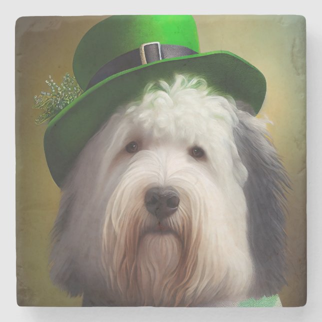 Dessous-de-verre En Pierre Old English Sheepdog en tenue de la Saint-Patrick (Devant)