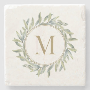 Dessous-de-verre En Pierre Olive Branch Laurel Wreath Personnalisé Monogramm
