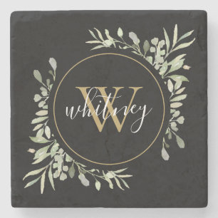 Dessous-de-verre En Pierre Or Monogramme Élégant Script Noir avec Verdure