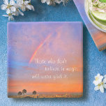 Dessous-de-verre En Pierre Orange Blue Rainbow Sunset Photo Croire en la magi<br><div class="desc">"Ceux qui ne croient pas à la magie ne la trouveront jamais." Détendez-vous avec votre boisson préférée sur ce dessous de verre en pierre photographique motivant d'un arc-en-ciel niché dans un coucher de soleil bleu, rose et orange doux. Fait un grand cadeau stimulant et inspirant! Vous pouvez facilement personnaliser ce...</div>
