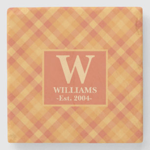 Dessous-de-verre En Pierre Orange Plaid Automne AUTOMNE Monogramme Nom de fam
