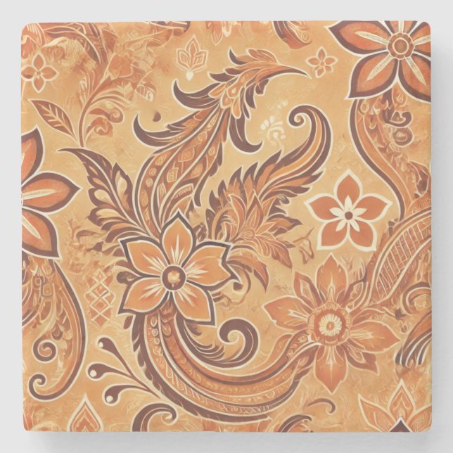Dessous-de-verre En Pierre Orange Terracotta Floral Boho Aquarelle Batik (Devant)