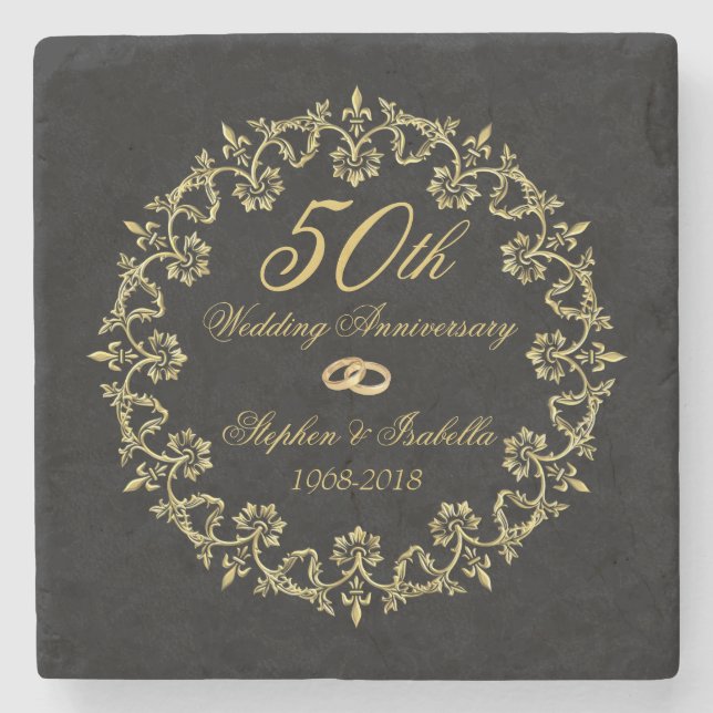 Dessous-de-verre En Pierre Ornate Gold sur Black 50e anniversaire Mariage (Devant)