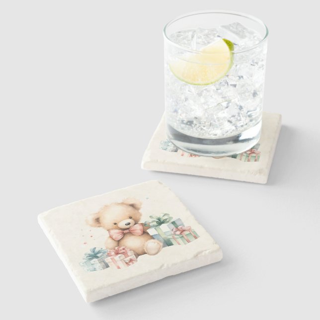 Dessous-de-verre En Pierre Ours en peluche mignonne avec cadeaux de Noël (Côté)