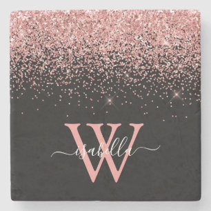 Dessous-de-verre En Pierre Pailleté noir rose Élégant monogramme de nom en sc