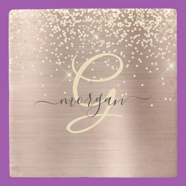 Dessous-de-verre En Pierre Paillettes dorées, monogramme doré, nom en script  (Créateur téléchargé)