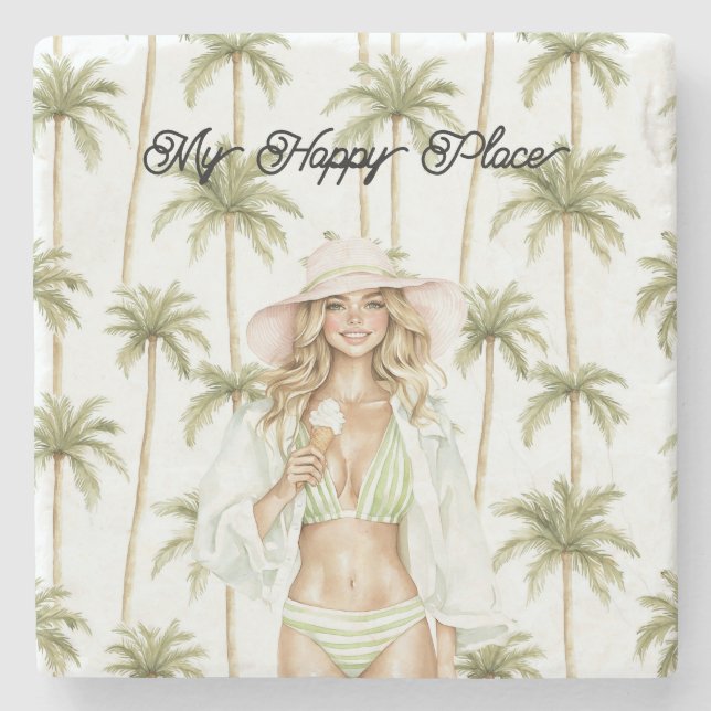 Dessous-de-verre En Pierre Palm Trees Happy Place Blond Lady Bathing Suit (Devant)