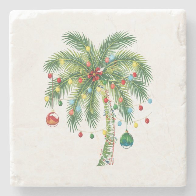 Dessous-de-verre En Pierre Palmier de Noël tropical avec lumières et ornam (Devant)