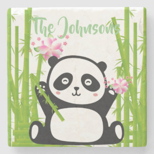 Dessous-de-verre En Pierre Panda heureux avec bambou et fleurs de cerisiers