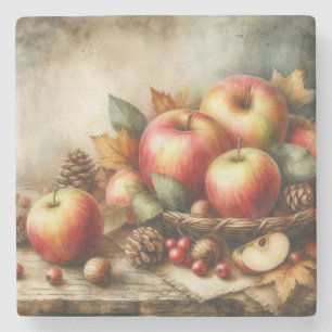 Dessous-de-verre En Pierre Panier de pommes sur la table aquarelle vintage