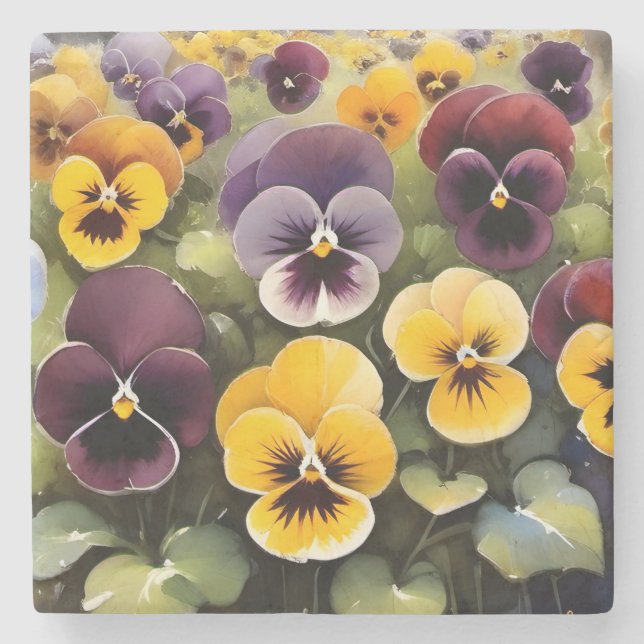 Dessous-de-verre En Pierre Pansies jaunes et violets aquarelle (Devant)