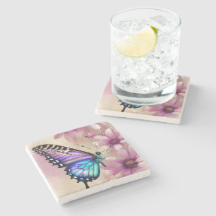 Dessous-de-verre En Pierre Papillon bleu étonnant et fleurs roses