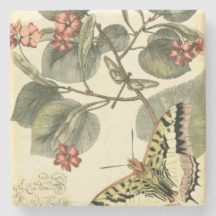 Dessous-de-verre En Pierre Papillon et libellule à fleurs rouges