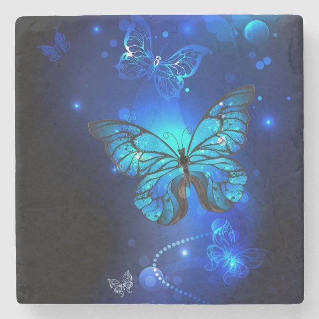 Dessous-de-verre En Pierre Papillon Morpho sur fond sombre (Devant)