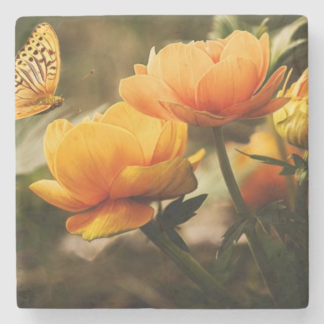 Dessous-de-verre En Pierre Papillon orange et fleurs (Devant)