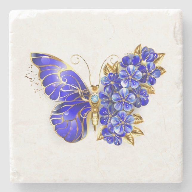 Dessous-de-verre En Pierre Papillon Saphir Fleur (Devant)