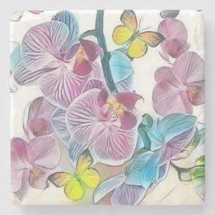 Dessous-de-verre En Pierre Papillons aux fleurs d'orchidées roses aquarelle
