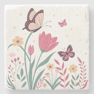 Dessous-de-verre En Pierre Papillons aux tulipes roses et marguerites jaunes