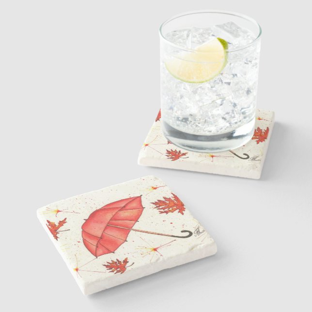 Dessous-de-verre En Pierre Parapluie rouge vif et aquarelle feuille rouge (Côté)