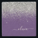 Dessous-de-verre En Pierre Parties scintillant d'argent violet Girl Nom du mo<br><div class="desc">Parties scintillant à étincelle violette et argentée Script Monogramme Nom Carrelage en pierre. Cela rend la remise de diplômes parfaite,  doux 16 ans,  mariage,  douche nuptiale,  anniversaire,  baby shower ou cadeau de fête de bachelorette pour quelqu'un qui aime le luxe glam et les styles chic.</div>