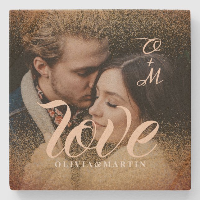 Dessous-de-verre En Pierre Parties scintillant d'or personnalisé Couple photo (Devant)