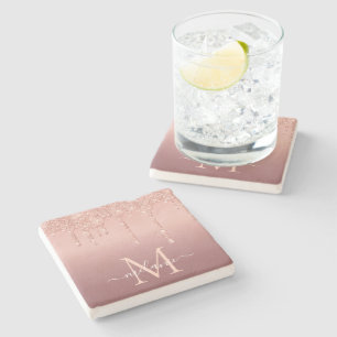 Dessous-de-verre En Pierre Parties scintillant d'or rose Lettre personnalisée