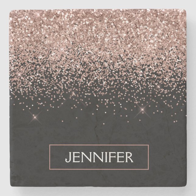 Dessous-de-verre En Pierre Parties scintillant noire rose or Rose Monogramme (Devant)