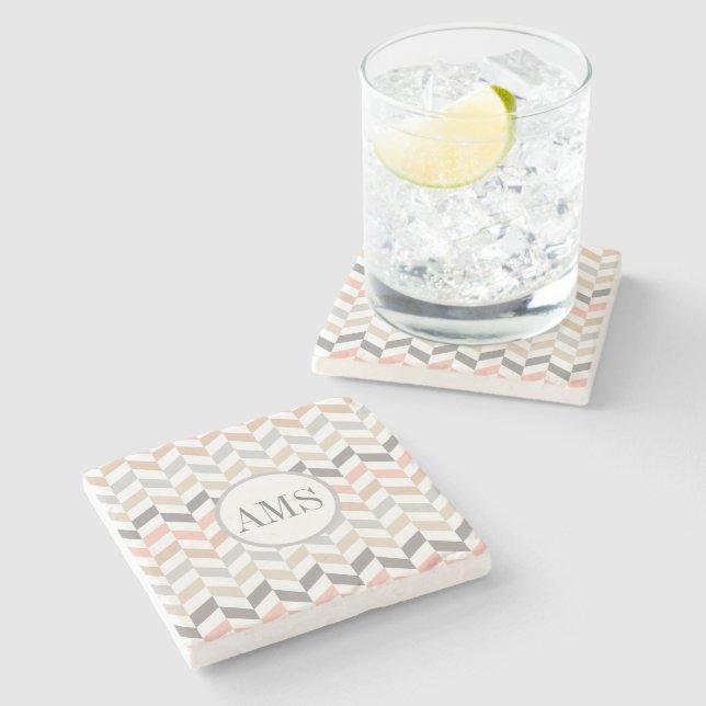 Dessous-de-verre En Pierre Pastel Herringbone Monogramme personnalisé (Côté)