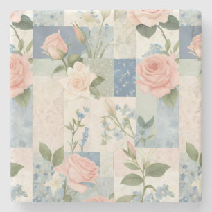 Dessous-de-verre En Pierre Patchwork Rose Et Bleu Fleur Doux Et Délicat