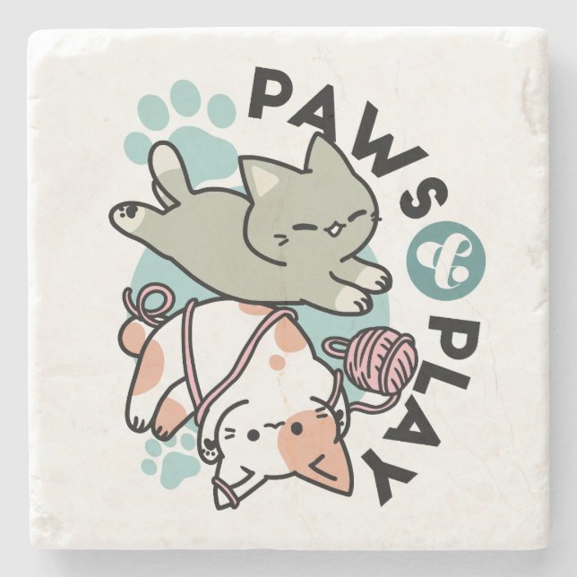 Dessous-de-verre En Pierre Paws and Play – Adorable Cat Illustration (Devant)