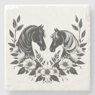 Dessous-de-verre En Pierre Pays Cheval noir et blanc et fleurs