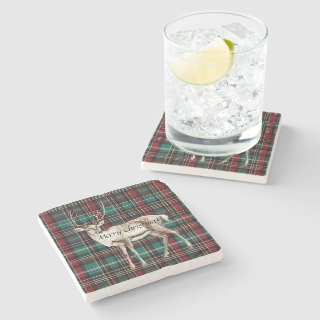 Dessous-de-verre En Pierre Pays Red Green Plaid Christmas Deer (Côté)