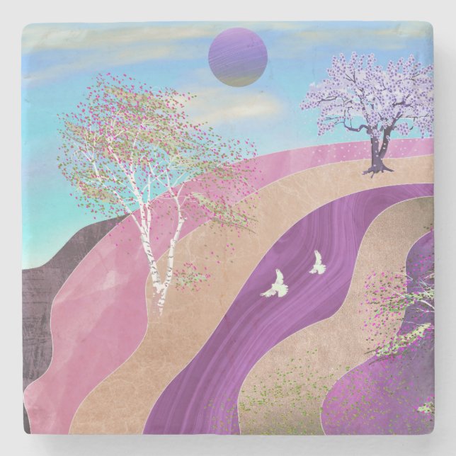 Dessous-de-verre En Pierre Paysage de floraison printanière (Devant)