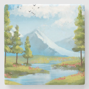 Dessous-de-verre En Pierre Paysage ensoleillé avec montagnes