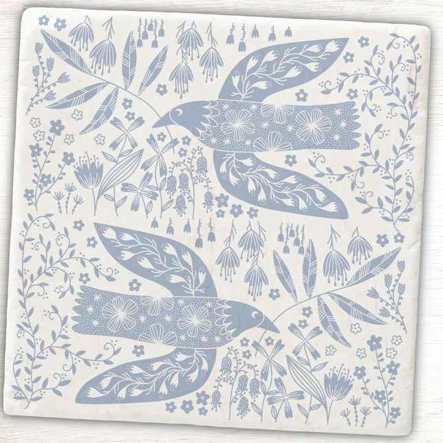 Dessous-de-verre En Pierre Peace Dove Birds and Wildflowers Blue (Peace Doves blue and white folk art stone coasters. Original art by Nic Squirrell. )