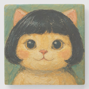 Dessous-de-verre En Pierre Peinture à l'huile de chat mignon (#2)