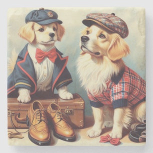 Dessous-de-verre En Pierre Peinture à l'huile de Chiens Rétro