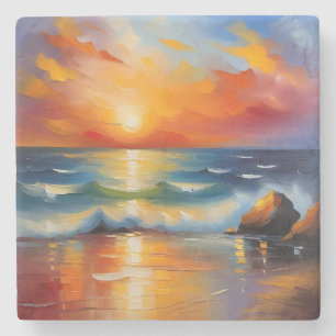 Dessous-de-verre En Pierre Peinture à l'huile de couché de soleil orange sur