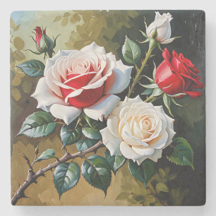 Dessous-de-verre En Pierre Peinture à l'huile de roses roses blanches rouges