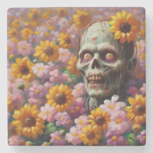 Dessous-de-verre En Pierre Peinture à l'huile de Zombie dans le champ de fleu