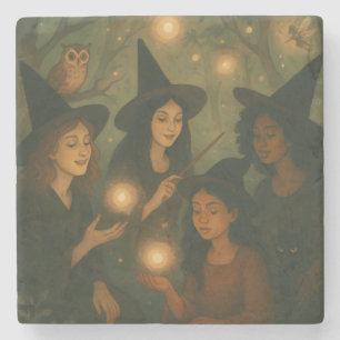 Dessous-de-verre En Pierre Peinture à l'huile d'Halloween de sorcières dans l