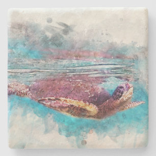 Dessous-de-verre En Pierre Peinture d'aquarelle de la tortue verte d'Hawaï