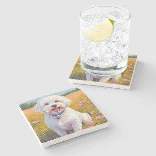 Dessous-de-verre En Pierre Peinture de champ de fleurs de chien maltais