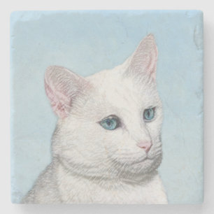 Dessous-de-verre En Pierre Peinture de chat blanc - Cute Original Cat Art